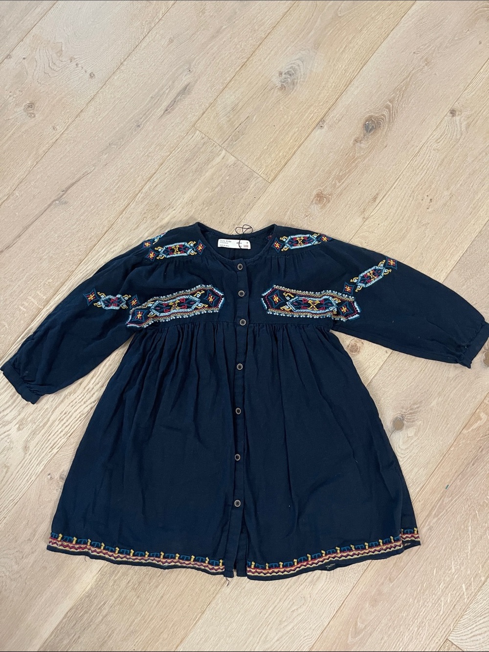 Zara Navy Embroidered Button-Front Dress with Multicolor Accents size 7